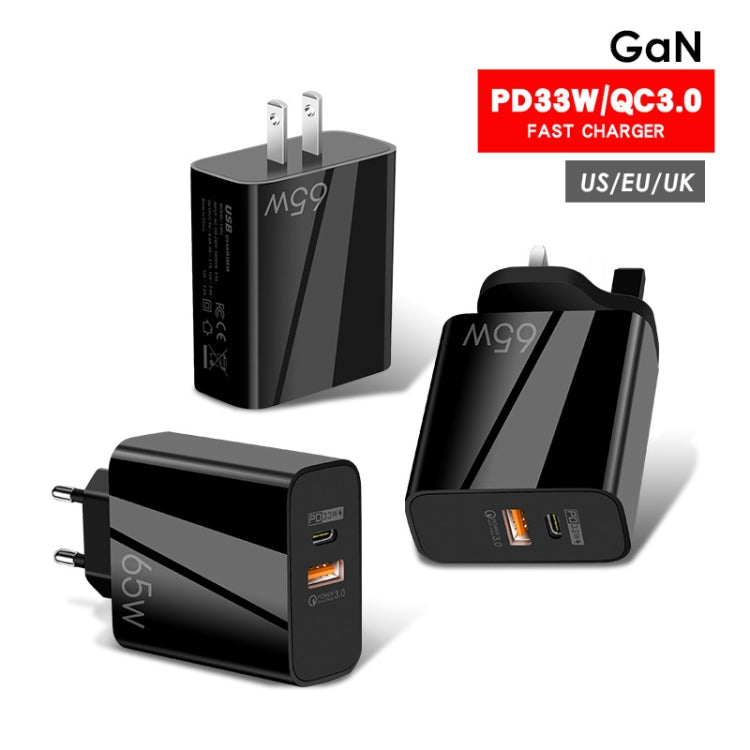 A502 65W USB-C/Type-C+USB Dual Port GaN Charger QC3.0 Laptop Universal Charger EU Plug Black - USB Charger by PMC Jewellery | Online Shopping South Africa | PMC Jewellery | Buy Now Pay Later Mobicred