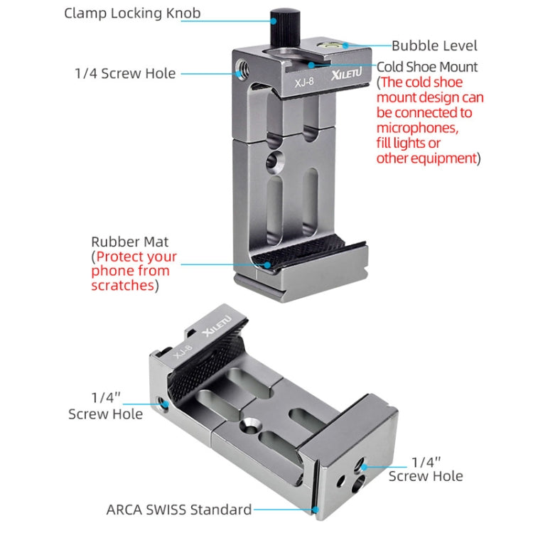 XILETU XJ-8 Aluminum Alloy Camera Head Tripod Mobile Phone Clip(Titanium) - Other Accessories by XILETU | Online Shopping South Africa | PMC TechLife | Buy Now Pay Later Mobicred