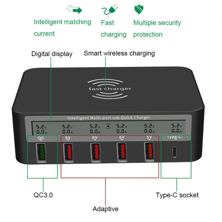 818F 5 USB Ports + Type-C Multifunctional Multi-Port Wireless Charger, Style: EU Plug (Black) - Multifunction Charger by PMC TechLife | Online Shopping South Africa | PMC TechLife | Buy Now Pay Later Mobicred