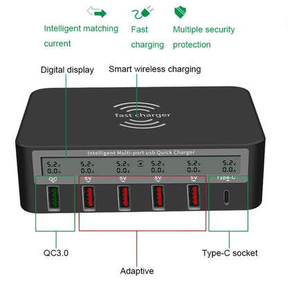 818F 5 USB Ports + Type-C Multifunctional Multi-Port Wireless Charger, Style: US Plug (Black) - Multifunction Charger by PMC Jewellery | Online Shopping South Africa | PMC Jewellery | Buy Now Pay Later Mobicred