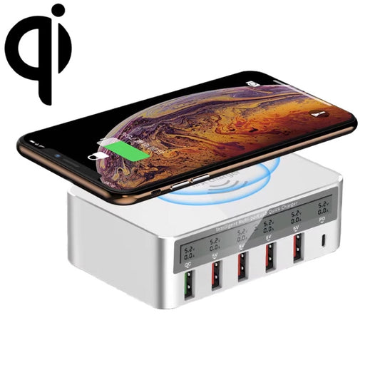 818PF 5 USB Ports + Type-C Smart Digital Display Wireless Phone Charger, Style: AU Plug (White) - Multifunction Charger by PMC Jewellery | Online Shopping South Africa | PMC Jewellery | Buy Now Pay Later Mobicred