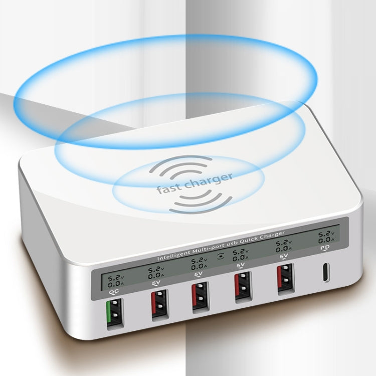 818PF 5 USB Ports + Type-C Smart Digital Display Wireless Phone Charger, Style: EU Plug (Black) - Multifunction Charger by PMC TechLife | Online Shopping South Africa | PMC TechLife | Buy Now Pay Later Mobicred