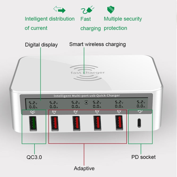 818PF 5 USB Ports + Type-C Smart Digital Display Wireless Phone Charger, Style: UK Plug (Black) - Multifunction Charger by PMC TechLife | Online Shopping South Africa | PMC TechLife | Buy Now Pay Later Mobicred