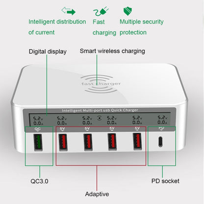 818PF 5 USB Ports + Type-C Smart Digital Display Wireless Phone Charger, Style: EU Plug (White) - Multifunction Charger by PMC Jewellery | Online Shopping South Africa | PMC Jewellery | Buy Now Pay Later Mobicred