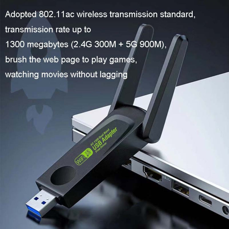 1300Mbps Wireless Network Card Gigabit Dual Band 5G Driverless Computer USB Network Card, Scope: 1300m - USB Network Adapter by PMC Jewellery | Online Shopping South Africa | PMC Jewellery | Buy Now Pay Later Mobicred