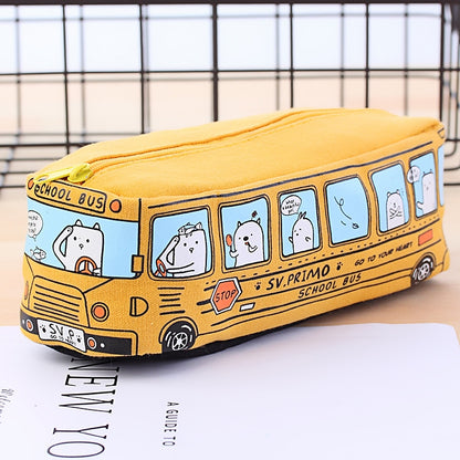 Cartoon Bus Student Stationery Pencil Case Large Capacity Canvas Stationery Box(Yellow) - Pen Holder by PMC Jewellery | Online Shopping South Africa | PMC Jewellery