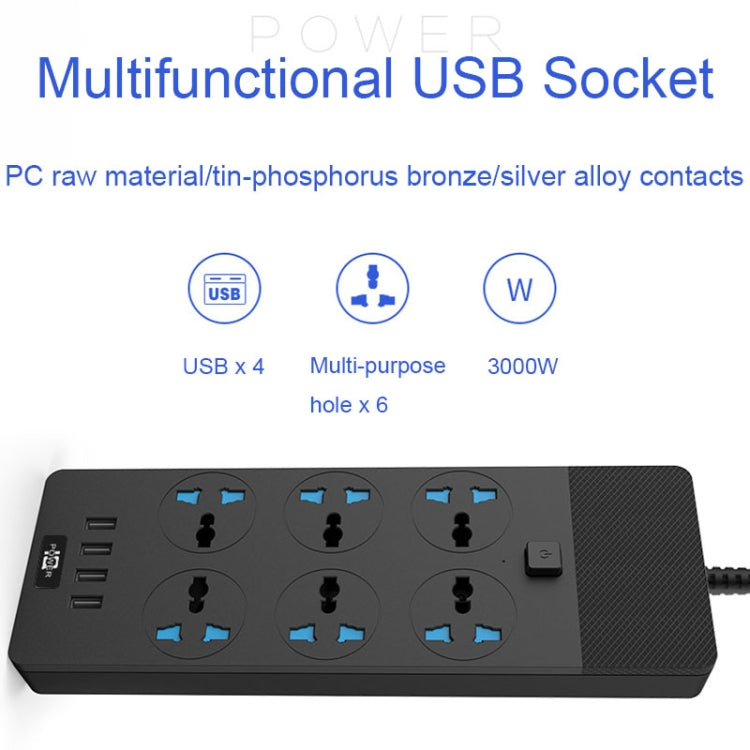 TB-T12 3000W 2m 4-USB Ports + 6-Jacks Multifunctional Flame-Retardant Socket With Switch(EU Plug) - Extension Socket by PMC TechLife | Online Shopping South Africa | PMC TechLife | Buy Now Pay Later Mobicred