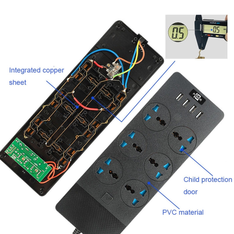 TB-T12 3000W 2m 4-USB Ports + 6-Jacks Multifunctional Flame-Retardant Socket With Switch(EU Plug) - Extension Socket by PMC TechLife | Online Shopping South Africa | PMC TechLife | Buy Now Pay Later Mobicred