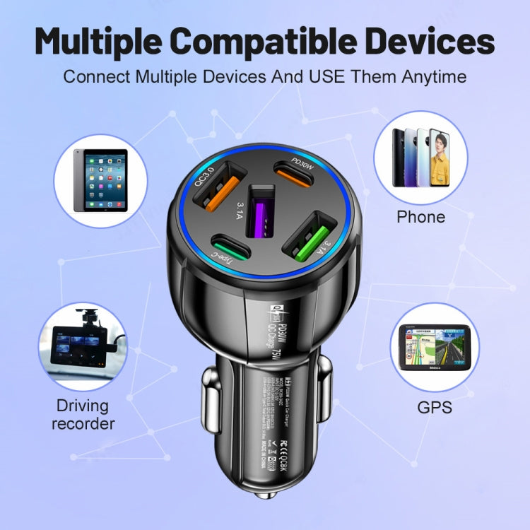 3USB+2PD 75W Dual Line Car Mobile Phone Fast Charging Charger(Black) - Car Charger by PMC TechLife | Online Shopping South Africa | PMC TechLife | Buy Now Pay Later Mobicred