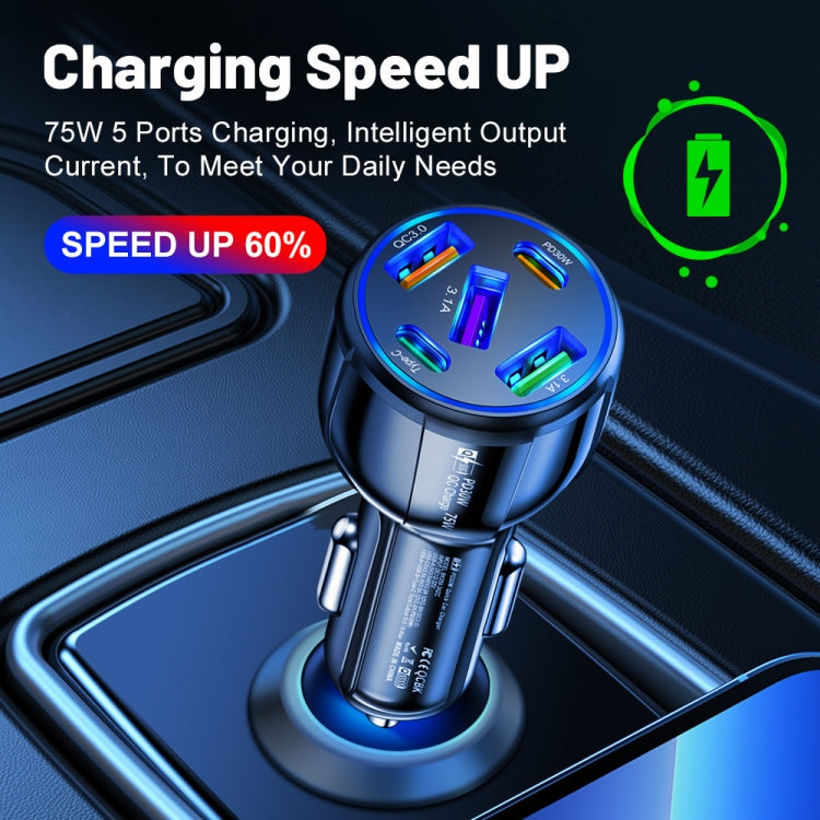 3USB+2PD 75W Dual Line Car Mobile Phone Fast Charging Charger(Black) - Car Charger by PMC TechLife | Online Shopping South Africa | PMC TechLife | Buy Now Pay Later Mobicred