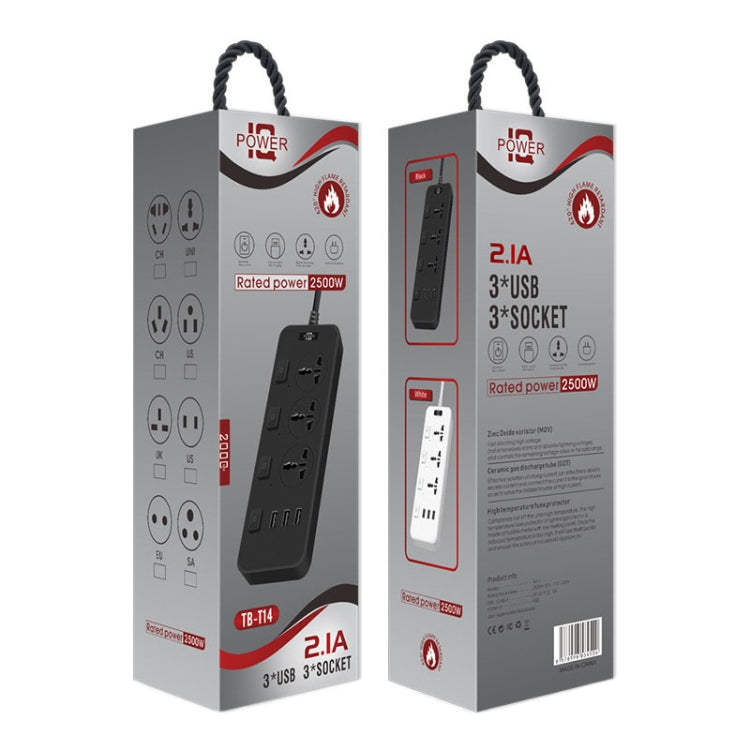 T14 2m 2500W 3 Plugs + 3-USB Ports Multifunctional Socket With Switch, Specification: EU Plug (Black) - Extension Socket by PMC TechLife | Online Shopping South Africa | PMC TechLife | Buy Now Pay Later Mobicred
