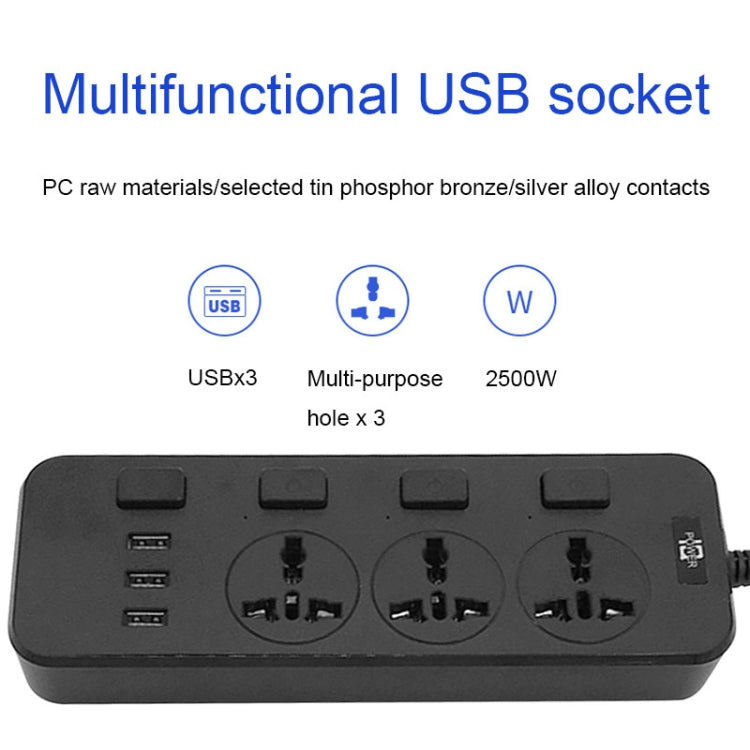 T14 2m 2500W 3 Plugs + 3-USB Ports Multifunctional Socket With Switch, Specification: US Plug (Black) - Extension Socket by PMC TechLife | Online Shopping South Africa | PMC TechLife | Buy Now Pay Later Mobicred