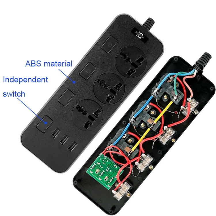 T14 2m 2500W 3 Plugs + 3-USB Ports Multifunctional Socket With Switch, Specification: EU Plug (Black) - Extension Socket by PMC TechLife | Online Shopping South Africa | PMC TechLife | Buy Now Pay Later Mobicred