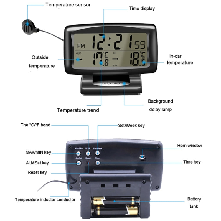 LCD Night Light Car Clock Automotive Electronics Inside And Outside Dual Thermometer - Clocks & Car Meters by PMC Jewellery | Online Shopping South Africa | PMC Jewellery | Buy Now Pay Later Mobicred