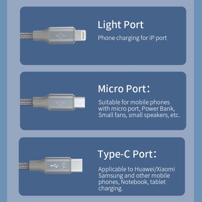 ROMOSS 3-In-1 66W 6A USB To 8 Pin / Type-C / USB-C / Micro Charging Cable Nylon Braid Cord 1M(Blue) - Multifunction Cable by ROMOSS | Online Shopping South Africa | PMC Jewellery | Buy Now Pay Later Mobicred