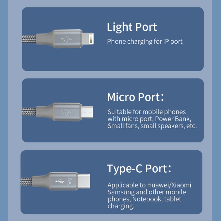 ROMOSS 3-In-1 66W 6A USB To 8 Pin / Type-C / USB-C / Micro Charging Cable Nylon Braid Cord 1.5M(Blue) - Multifunction Cable by ROMOSS | Online Shopping South Africa | PMC Jewellery | Buy Now Pay Later Mobicred