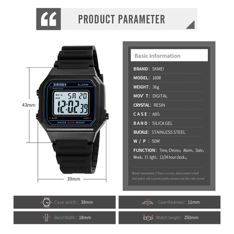 SKMEI 1698 50m Waterproof Multifunctional Sports Square Pin Buckle Luminous Digital Watch(Black White) - free shipping - PMC TechLife - Order now!