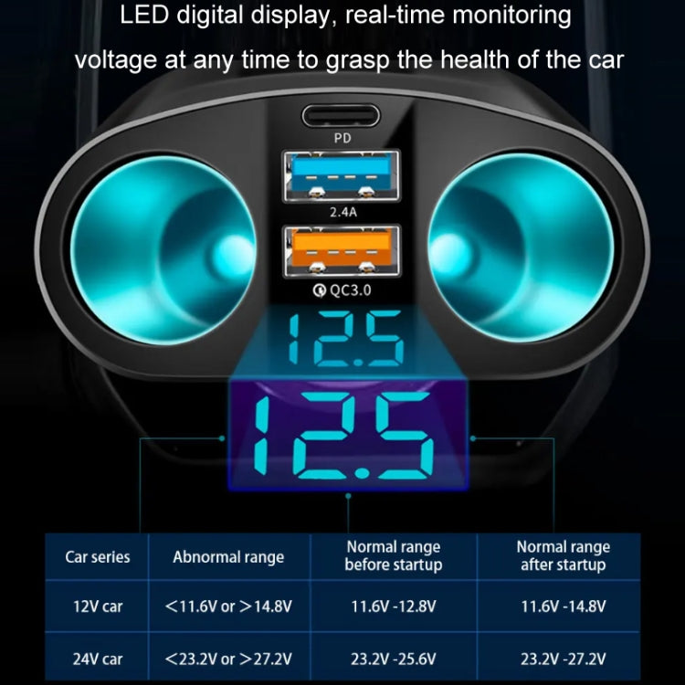 Dual USB Type-C Real-time Digital Display Cigarette Lighter Expansion Car Charger, Model: PD+QC3.0+2.4A Dual A+C - Car Charger by PMC Jewellery | Online Shopping South Africa | PMC Jewellery | Buy Now Pay Later Mobicred