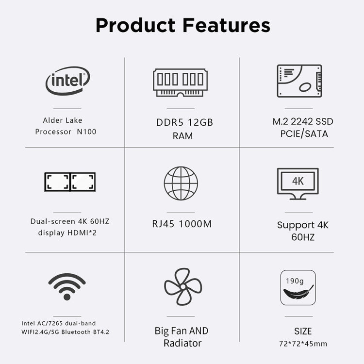 N100/DDR5 12th AlderLake-N100 Dual 4K60Hz Office And Home Mini PC, Spec: 12G+128G /US Plug - Windows Mini PCs by PMC TechLife | Online Shopping South Africa | PMC TechLife | Buy Now Pay Later Mobicred