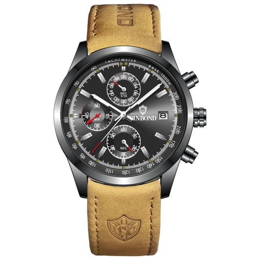 BINBOND B6022 30m Waterproof Luminous Multifunctional Quartz Watch, Color: Leather-Black Steel-Black - Leather Strap Watches by BINBOND | Online Shopping South Africa | PMC Jewellery