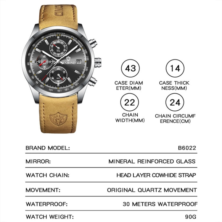 BINBOND B6022 30m Waterproof Luminous Multifunctional Quartz Watch, Color: Leather-White Steel-White - free shipping - PMC TechLife - Order now!