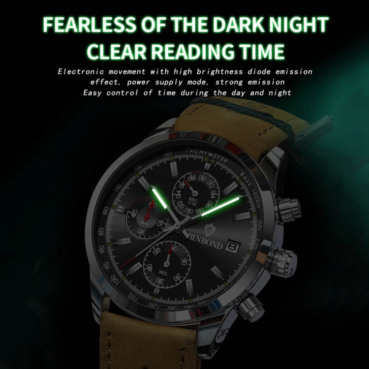 BINBOND B6022 30m Waterproof Luminous Multifunctional Quartz Watch, Color: Leather-White Steel-White - free shipping - PMC TechLife - Order now!