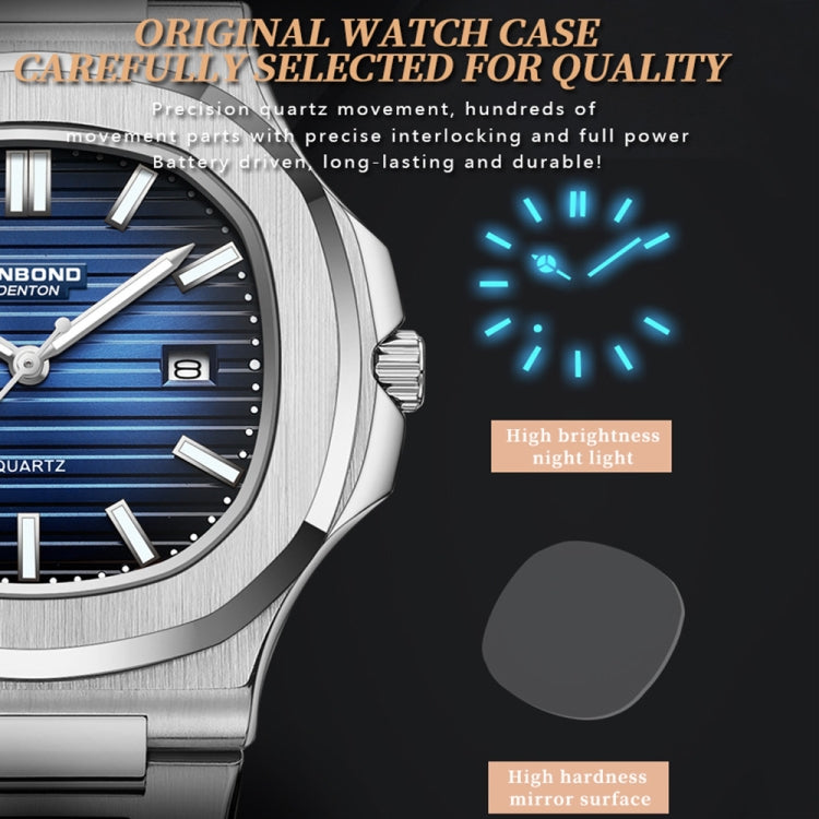 BINBOND B1885 30m Waterproof Retro Luminous Square Men Quartz Watch, Color: Rose Gold-Blue - Metal Strap Watches by BINBOND | Online Shopping South Africa | PMC Jewellery