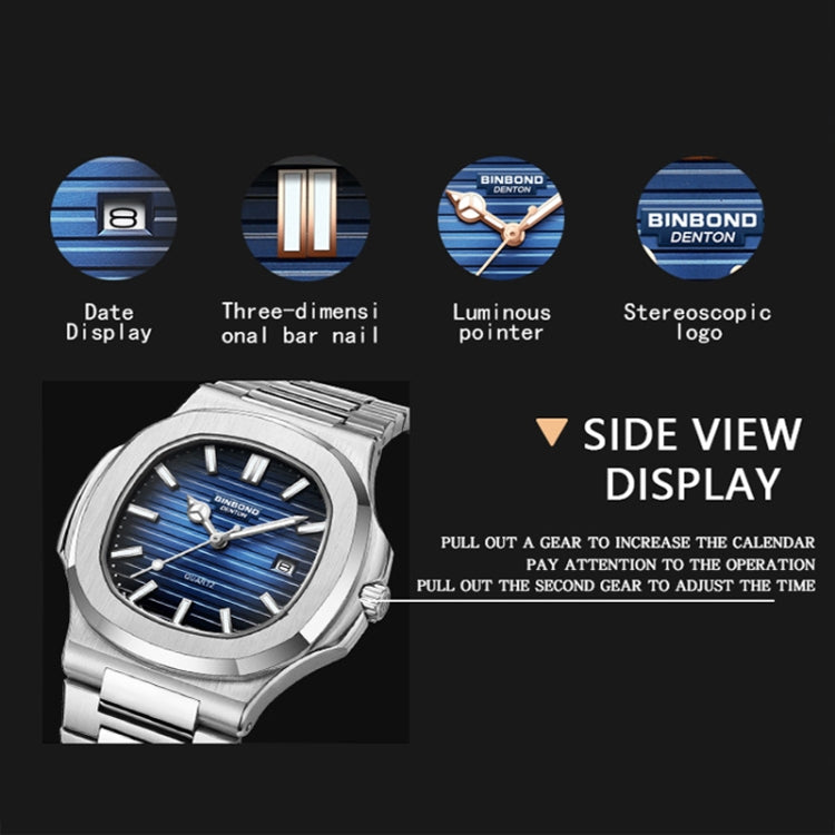 BINBOND B1885 30m Waterproof Retro Luminous Square Men Quartz Watch, Color: Black Steel-Blue-White - free shipping - PMC TechLife - Order now!