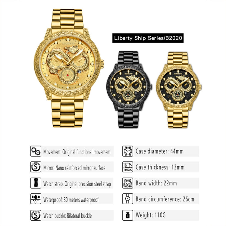 BINBOND B3030 Embossed Dragon Luminous Waterproof Quartz Watch, Color: Full-gold Black - free shipping - PMC TechLife - Order now!