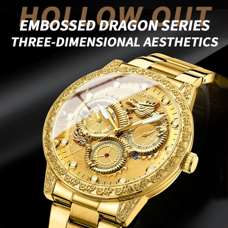 BINBOND B3030 Embossed Dragon Luminous Waterproof Quartz Watch, Color: Full-gold Black - free shipping - PMC TechLife - Order now!