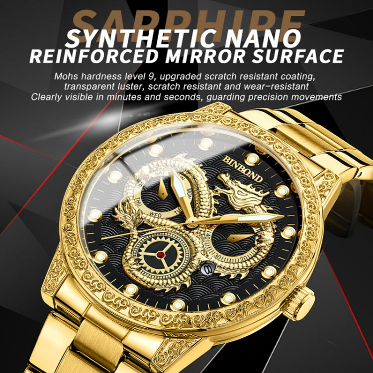 BINBOND B3030 Embossed Dragon Luminous Waterproof Quartz Watch, Color: Full-gold Black - free shipping - PMC TechLife - Order now!