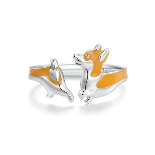 S925 Sterling Silver Platinum-plated Cute Naughty Corgi Pet Adjustable Open Ring(SCR1014-E) - Rings by PMC Jewellery | Online Shopping South Africa | PMC Jewellery