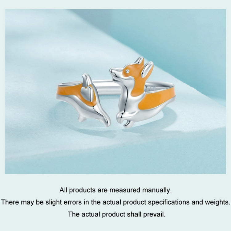 S925 Sterling Silver Platinum-plated Cute Naughty Corgi Pet Adjustable Open Ring(SCR1014-E) - Rings by PMC Jewellery | Online Shopping South Africa | PMC Jewellery