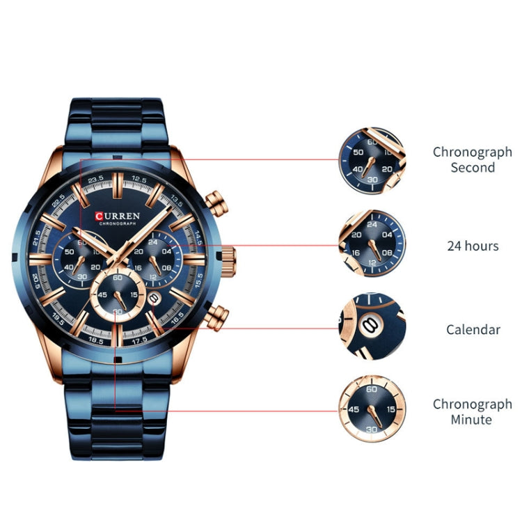 Curren M8355 Men Watch Waterproof Quartz Six Stitches Calendar Steel Belt Business Watch(Rose Shell Blue) - Metal Strap Watches by Curren | Online Shopping South Africa | PMC Jewellery