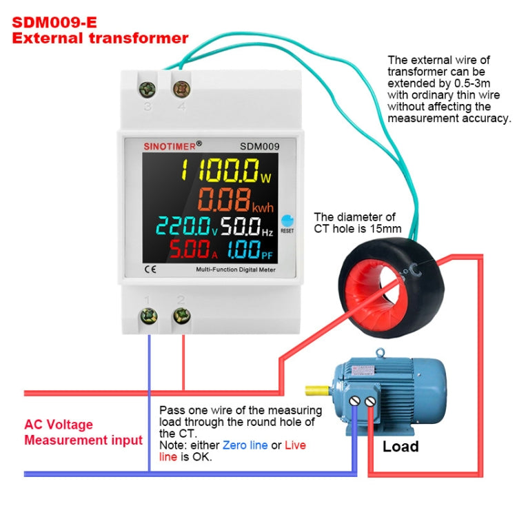 SINOTIMER SDM009 Din Rail Single-Phase Voltage Current Frequency Power Factor Electricity Multifunctional Meter, Model: AC40-300V External - free shipping - PMC Jewellery - Order now!