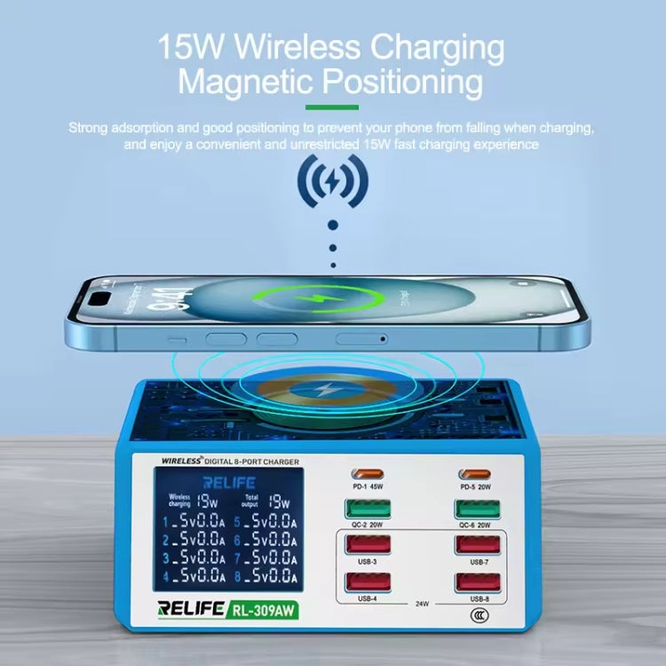 RELIFE RL-309AW  QC3.0 PD Fast Wireless Charger With LCD Display 8 Ports(EU Plug) - Multifunction Charger by RELIFE | Online Shopping South Africa | PMC Jewellery | Buy Now Pay Later Mobicred