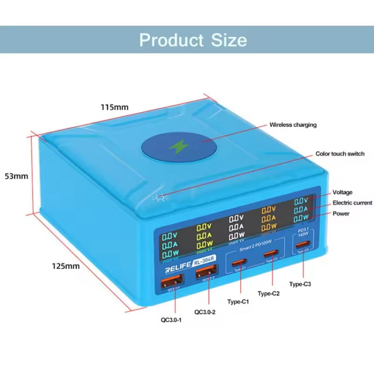 RELIFE RL-304R 5-Port 260W GaN Smart USB Fast Charger With 15W Wireless Chargind LCD Display(EU Plug) - free shipping - PMC TechLife - Order now!