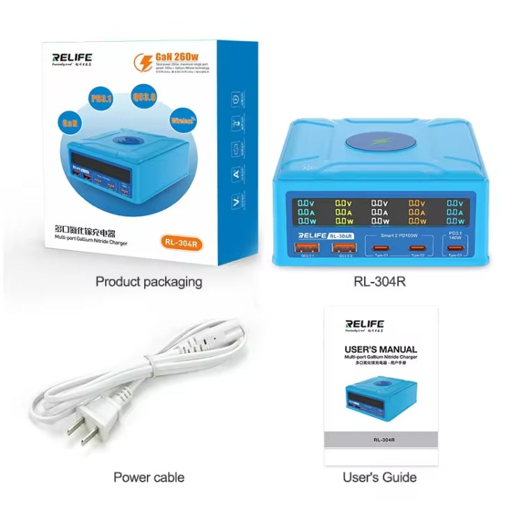 RELIFE RL-304R 5-Port 260W GaN Smart USB Fast Charger With 15W Wireless Chargind LCD Display(US Plug) - free shipping - PMC TechLife - Order now!