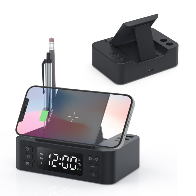 Wireless Charger Alarm Clock Foldable Mobile Stand With Pen Holder & Dual USB +1 Type-C Output(Black) - Multifunction Charger by PMC Jewellery | Online Shopping South Africa | PMC Jewellery | Buy Now Pay Later Mobicred