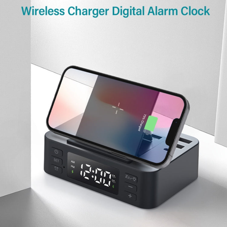 Wireless Charger Alarm Clock Foldable Mobile Stand With Pen Holder & Dual USB +1 Type-C Output(Black) - Multifunction Charger by PMC Jewellery | Online Shopping South Africa | PMC Jewellery | Buy Now Pay Later Mobicred