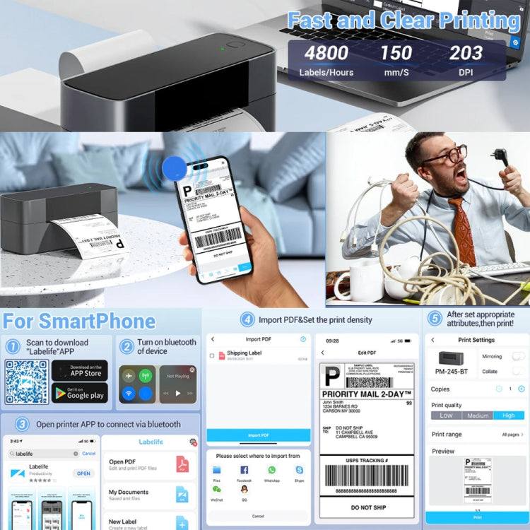 Phomemo PM245-BT Bluetooth Shipping Label Printer Support Labels Width  1- 4.6 Inch(EU Plug) - free shipping - PMC TechLife - Order now!