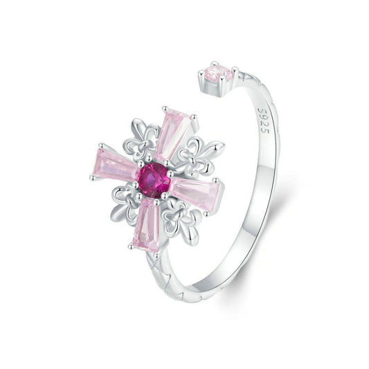 S925 Sterling Silver Platinum-plated Pink Iris Cross Open Ring(BSR526-E) - Rings by PMC Jewellery | Online Shopping South Africa | PMC Jewellery