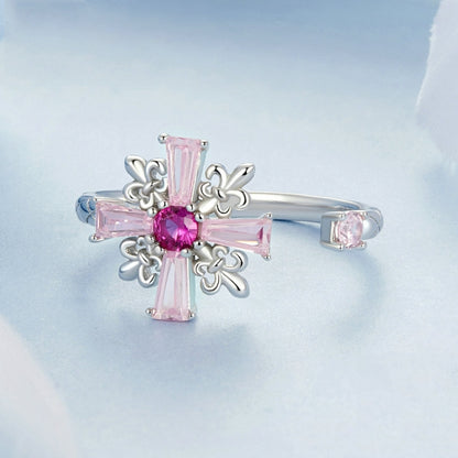 S925 Sterling Silver Platinum-plated Pink Iris Cross Open Ring(BSR526-E) - Rings by PMC Jewellery | Online Shopping South Africa | PMC Jewellery