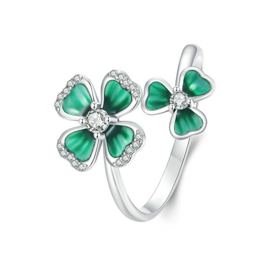 S925 Sterling Silver Platinum Plated Lucky Four-leaf Clover Open Adjustable Ring(BSR528-E) - Rings by PMC Jewellery | Online Shopping South Africa | PMC Jewellery