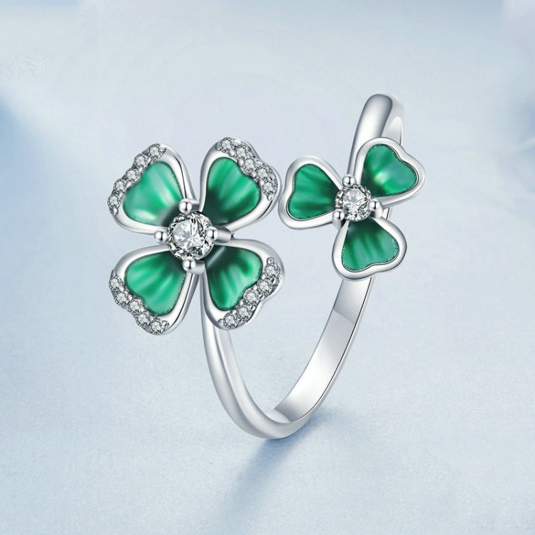 S925 Sterling Silver Platinum Plated Lucky Four-leaf Clover Open Adjustable Ring(BSR528-E) - Rings by PMC Jewellery | Online Shopping South Africa | PMC Jewellery