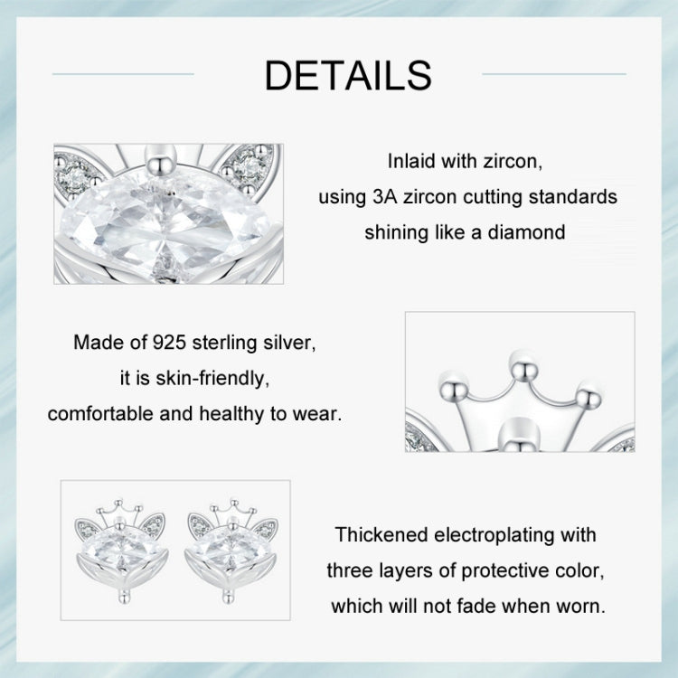 S925 Sterling Silver Platinum Plated Crown Fox Princess Earrings(SCE1708) - Stud Earrings & Earrings by PMC Jewellery | Online Shopping South Africa | PMC Jewellery | Buy Now Pay Later Mobicred