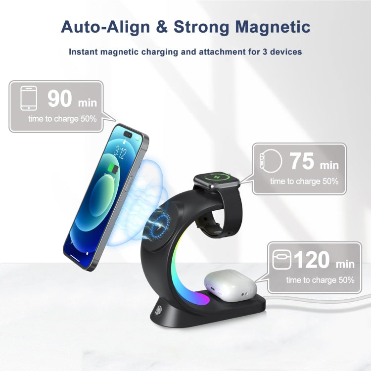 T17 3-in-1 RGB Atmosphere Light MagSafe Phone Watch Earphone Wireless Charger, Color: White with EU Plug - Wireless Charger by PMC Jewellery | Online Shopping South Africa | PMC Jewellery | Buy Now Pay Later Mobicred