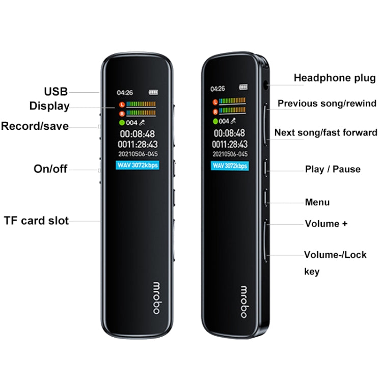 Mrobo RV-19 0.96-inch HD Screen 3D Noise Reduction Recording Pen Music Player, Capacity: 64GB(Black) - Recording Pen by Mrobo | Online Shopping South Africa | PMC TechLife | Buy Now Pay Later Mobicred