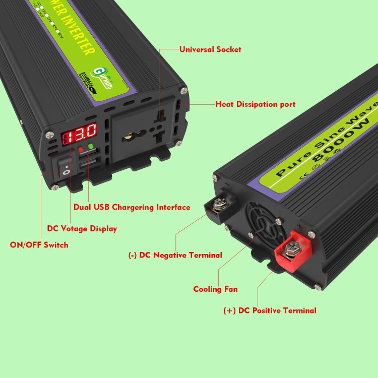 Gurxun 60V-220V 8000W Pure Sine Wave Inverter Car Single Digital Display Voltage Converter - free shipping - PMC TechLife - Order now!