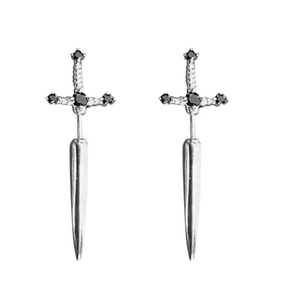 1pair Gothic Sword Earrings Ladies Vintage Crystal Diamond Ear Studs(Silver Black Diamond) - Stud Earrings & Earrings by PMC Jewellery | Online Shopping South Africa | PMC Jewellery | Buy Now Pay Later Mobicred